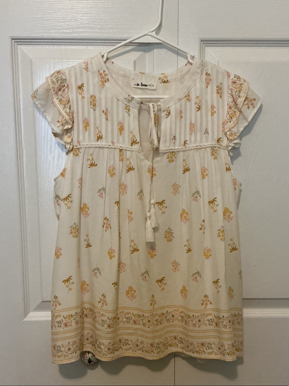 In Bloom Ivory Floral Tie-Neck Peasant Blouse